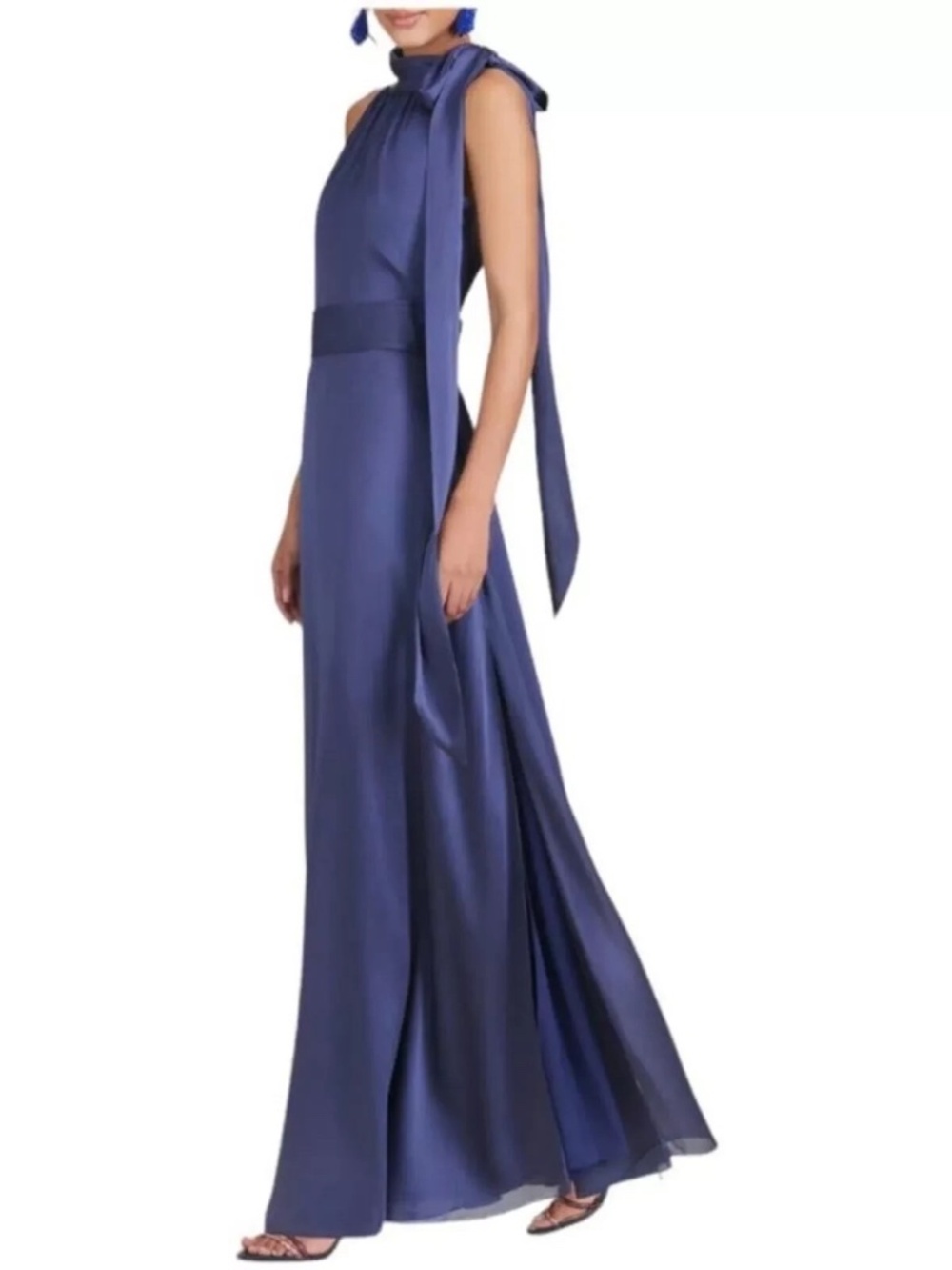 $325 Unworn Sachin & Babi Kayla Crinkle Georgette Halter Gown in Deep Cobalt